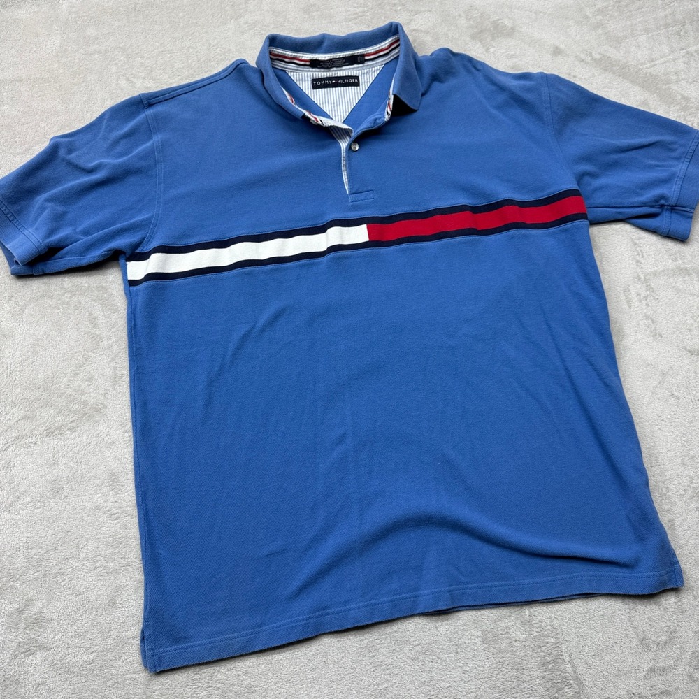 Vintage Tommy Hilfiger Polo Shirt Men XXL Blue Red White Stripe Pique Cotton Y2K